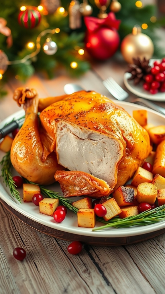 A delicious air fryer Christmas feast with turkey, roasted vegetables, and cranberries on a festive table.